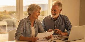 A senior couple in their 60s reviewing 401k withdrawal rules after 60 at their Las Vegas home kitchen table, smiling over financial documents and a laptop with Nevada desert sunlight streaming through the window behind them.