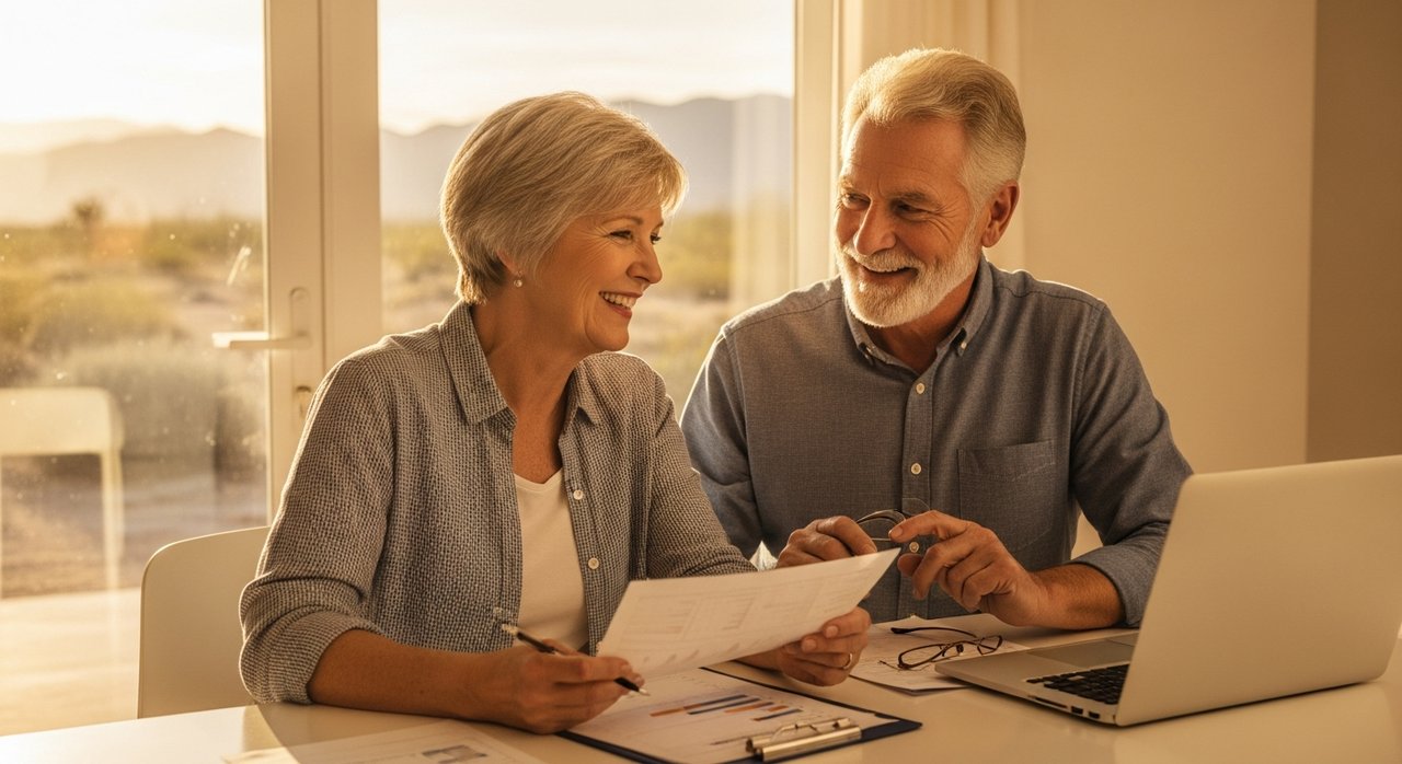 A senior couple in their 60s reviewing 401k withdrawal rules after 60 at their Las Vegas home kitchen table, smiling over financial documents and a laptop with Nevada desert sunlight streaming through the window behind them.
