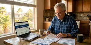 A Las Vegas senior carefully reviewing Medicare Part D prescription drug plan options at home, comparing Nevada coverage costs for 2026