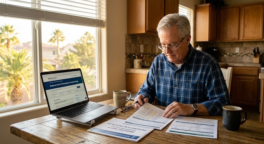 A Las Vegas senior carefully reviewing Medicare Part D prescription drug plan options at home, comparing Nevada coverage costs for 2026