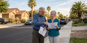 A retired couple comparing neighborhood living costs on a sunny Las Vegas suburban street, weighing Spring Valley against other Las Vegas area suburbs for their retirement move