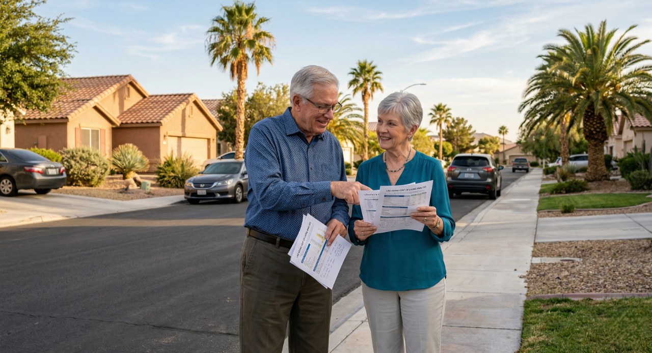A retired couple comparing neighborhood living costs on a sunny Las Vegas suburban street, weighing Spring Valley against other Las Vegas area suburbs for their retirement move