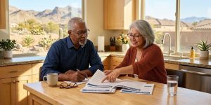 A senior couple in their Las Vegas home carefully reviewing Medicare Advantage plan options for 2026, comparing coverage documents at the kitchen table