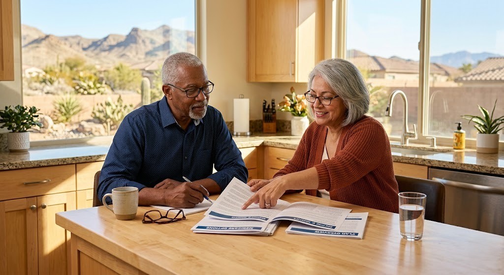 A senior couple in their Las Vegas home carefully reviewing Medicare Advantage plan options for 2026, comparing coverage documents at the kitchen table