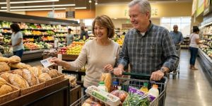 A senior couple saving money with a grocery discount at a Las Vegas store, taking advantage of weekly senior deals available to locals over 55