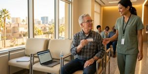 A senior man at a Las Vegas hospital waiting area holding his Medicare card, preparing for a visit with a helpful nurse nearby