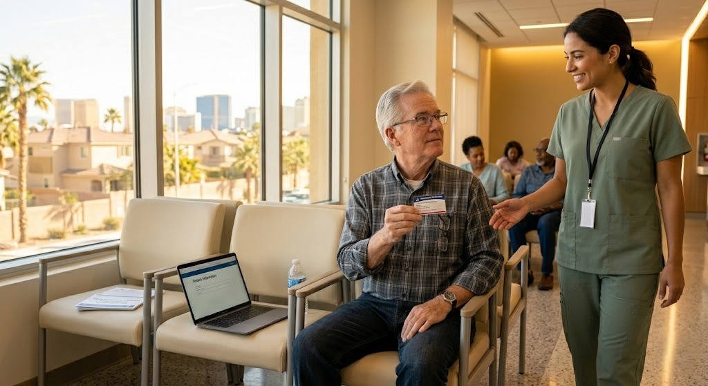 A senior man at a Las Vegas hospital waiting area holding his Medicare card, preparing for a visit with a helpful nurse nearby