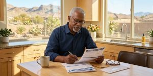 A senior man in Las Vegas carefully reviewing Medicare Part B enrollment documents at home, avoiding late enrollment penalties