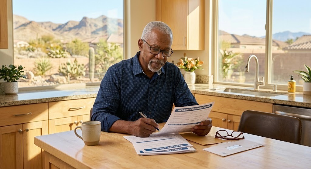 A senior man in Las Vegas carefully reviewing Medicare Part B enrollment documents at home, avoiding late enrollment penalties