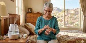 A senior woman in her late sixties applying moisturizer in a sunny Las Vegas home, managing dry skin with a humidifier nearby — part of a daily skin care routine for seniors in the desert climate.