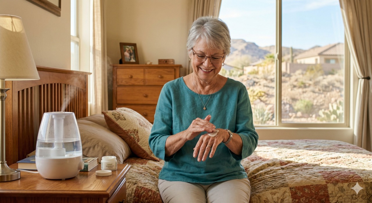 A senior woman in her late sixties applying moisturizer in a sunny Las Vegas home, managing dry skin with a humidifier nearby — part of a daily skin care routine for seniors in the desert climate.