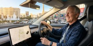 Smiling senior man in Tesla Model Y driver's seat with Las Vegas Strip background view.