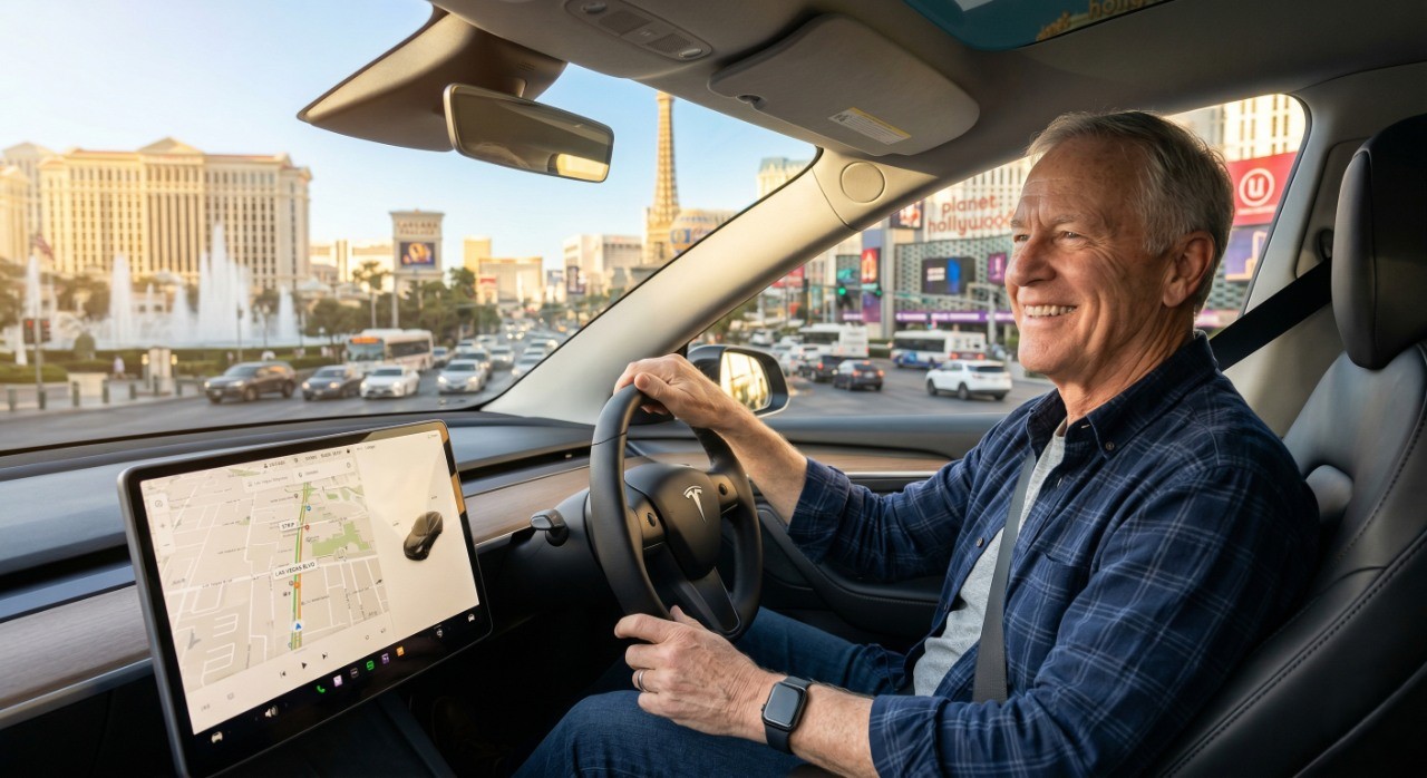 Smiling senior man in Tesla Model Y driver's seat with Las Vegas Strip background view.