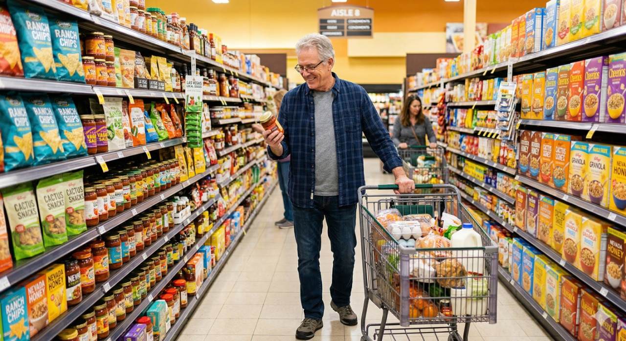 A retired senior man comparing grocery prices in a Las Vegas supermarket, looking for the best deals on a fixed income