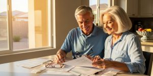 A senior couple in their 60s reviewing tax documents at a sunny kitchen table in their Las Vegas home, smiling as they prepare for free AARP Tax Aide assistance available to seniors over 60 at local libraries in Nevada.