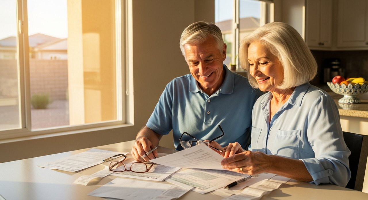 A senior couple in their 60s reviewing tax documents at a sunny kitchen table in their Las Vegas home, smiling as they prepare for free AARP Tax Aide assistance available to seniors over 60 at local libraries in Nevada.