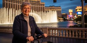 A smiling senior woman in her 60s on a motorized scooter near the Bellagio fountains on the Las Vegas Strip at dusk, enjoying accessible attractions in Las Vegas with ease and independence, showcasing mobility options for seniors with limited mobility.