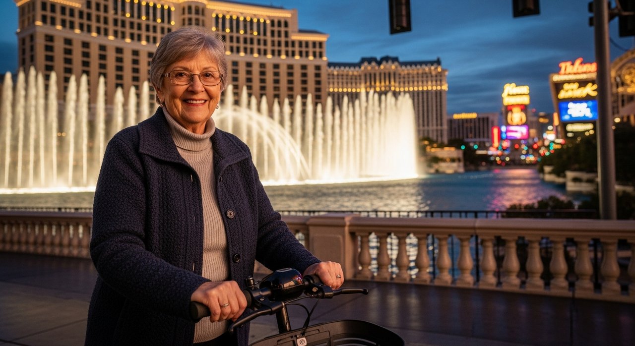 A smiling senior woman in her 60s on a motorized scooter near the Bellagio fountains on the Las Vegas Strip at dusk, enjoying accessible attractions in Las Vegas with ease and independence, showcasing mobility options for seniors with limited mobility.