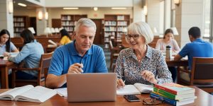 A senior couple in their late 60s happily attending an adult education class at a Las Vegas community college, learning on a laptop together in a bright, welcoming classroom setting.