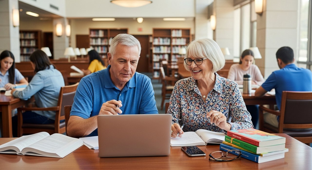 A senior couple in their late 60s happily attending an adult education class at a Las Vegas community college, learning on a laptop together in a bright, welcoming classroom setting.