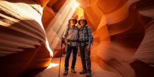 A senior couple in their 60s exploring an accessible slot canyon trail in Page Arizona, part of an antelope canyon accessible tour for seniors from Las Vegas, with warm sunlight streaming through narrow sandstone walls as they walk on flat sandy ground