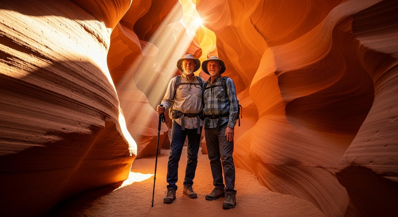 A senior couple in their 60s exploring an accessible slot canyon trail in Page Arizona, part of an antelope canyon accessible tour for seniors from Las Vegas, with warm sunlight streaming through narrow sandstone walls as they walk on flat sandy ground