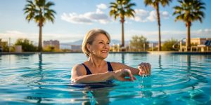 Senior woman doing gentle water aerobics for arthritis management at a Las Vegas community pool