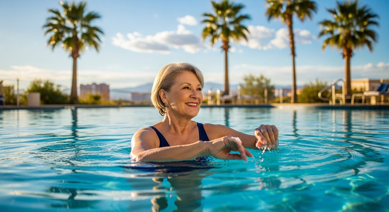 Senior woman doing gentle water aerobics for arthritis management at a Las Vegas community pool