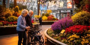 A senior couple in their 60s and 70s admiring colorful seasonal flower displays in an elegant, accessible indoor botanical conservatory at the Free Bellagio Botanical Gardens for seniors in Las Vegas, with vibrant purple and gold blooms, wheelchair accessible pathways, and warm indoor lighting creating an inviting atmosphere.