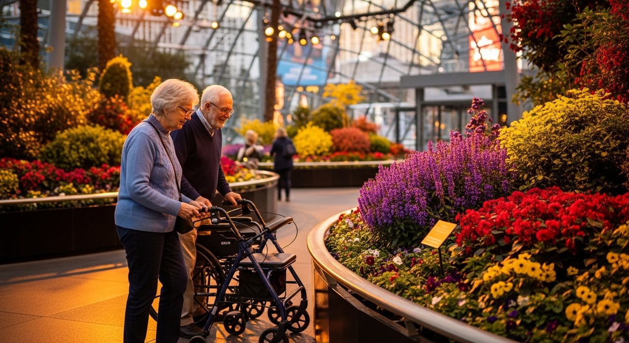 A senior couple in their 60s and 70s admiring colorful seasonal flower displays in an elegant, accessible indoor botanical conservatory at the Free Bellagio Botanical Gardens for seniors in Las Vegas, with vibrant purple and gold blooms, wheelchair accessible pathways, and warm indoor lighting creating an inviting atmosphere.