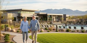 A senior couple in their 60s walking through a landscaped 55+ active adult community in Henderson Nevada with a modern clubhouse and pool visible in the background, representing retirement living in the Las Vegas area in 2026.