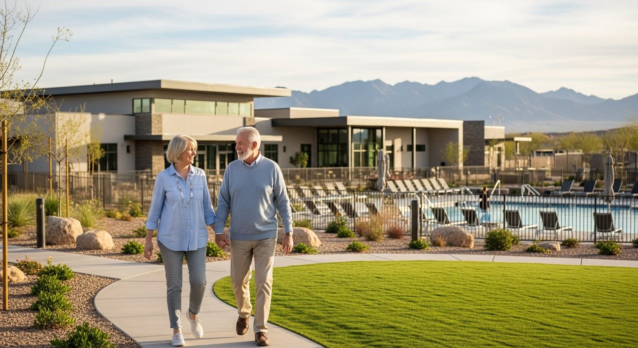 A senior couple in their 60s walking through a landscaped 55+ active adult community in Henderson Nevada with a modern clubhouse and pool visible in the background, representing retirement living in the Las Vegas area in 2026.