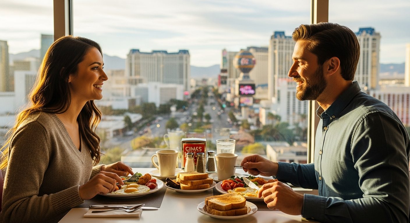 A couple enjoying the best breakfast spots in Las Vegas at a cozy diner with morning light and Las Vegas Strip view, classic American breakfast on the table