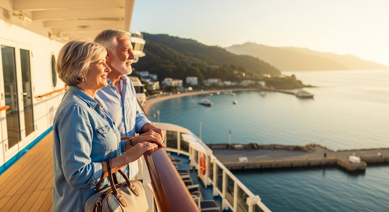 A senior couple in their late sixties standing on the deck of a cruise ship near Las Vegas, enjoying the best cruise lines for seniors experience as they depart from Southern California with warm afternoon sunlight over the coastal harbor.