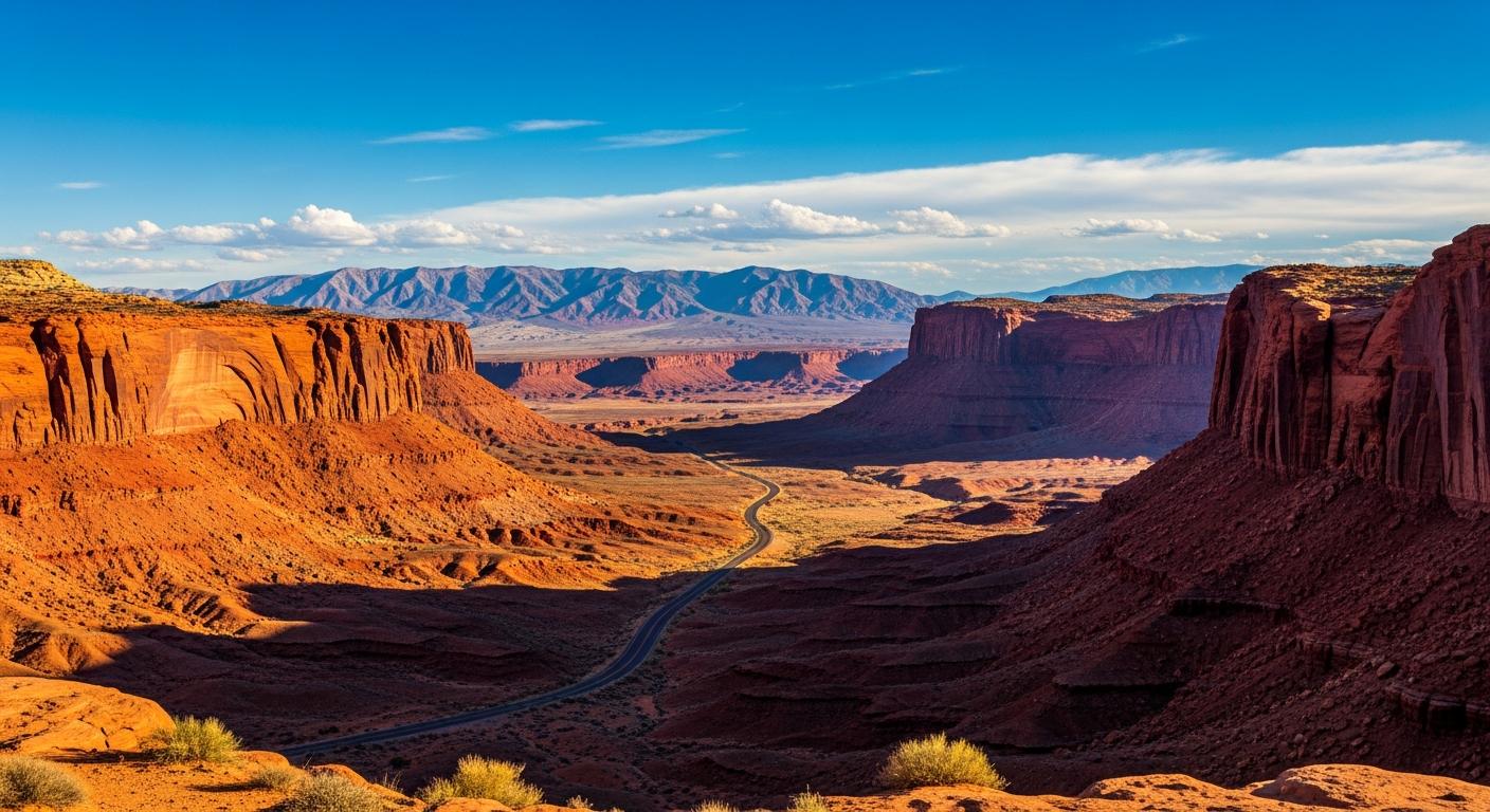 A scenic desert highway winds through red sandstone canyon formations glowing in golden morning light near Las Vegas, Nevada, capturing the breathtaking landscape of a day trip from the city toward destinations like Red Rock Canyon or Valley of Fire.