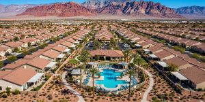 A peaceful master-planned retirement neighborhood in Las Vegas with desert landscaping and mountain views, representing the best neighborhoods for retirees in 2026