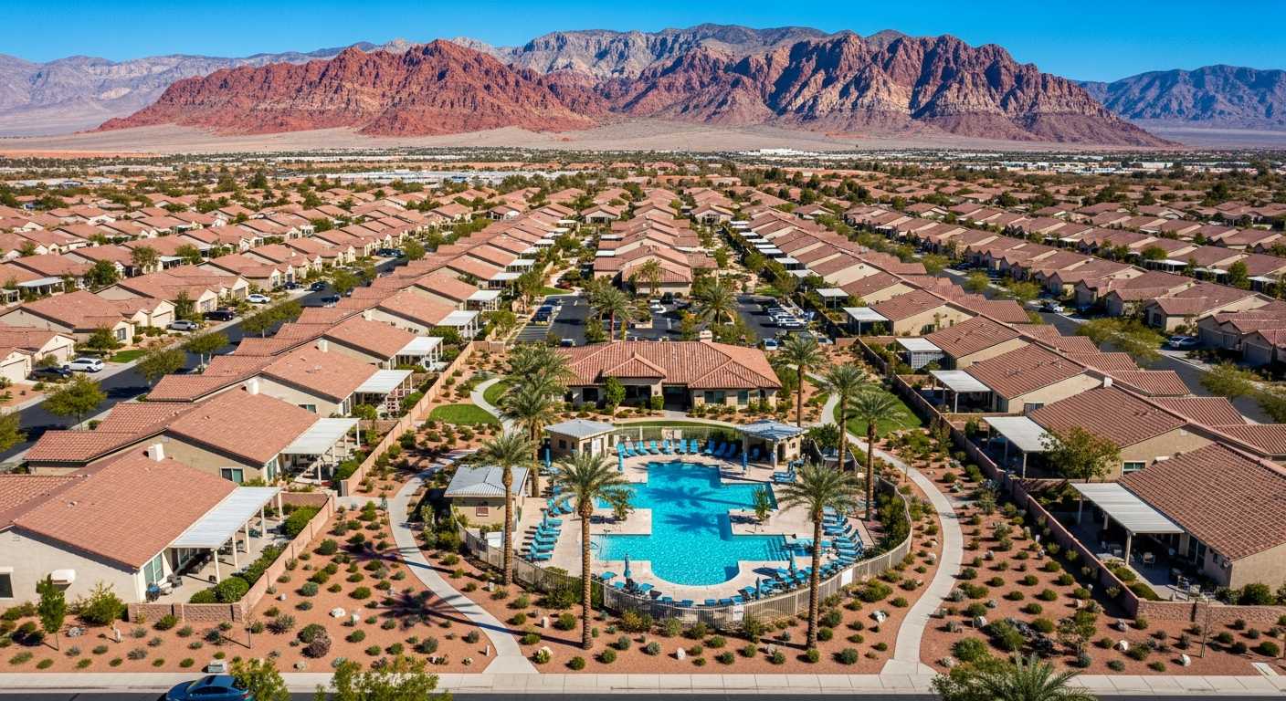 A peaceful master-planned retirement neighborhood in Las Vegas with desert landscaping and mountain views, representing the best neighborhoods for retirees in 2026