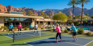 Active senior residents playing pickleball at a 55+ community in Las Vegas with mountains in background