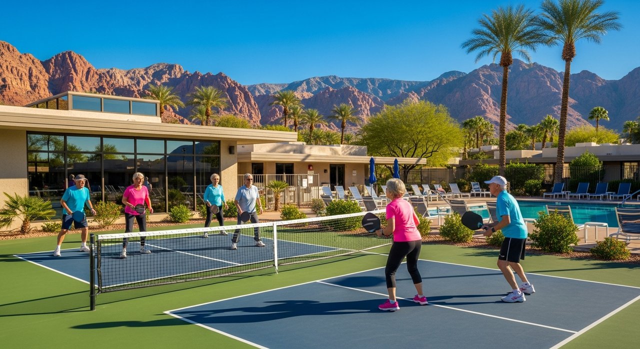 Active senior residents playing pickleball at a 55+ community in Las Vegas with mountains in background
