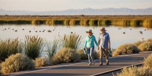 Senior couple walking on a paved nature trail in Las Vegas - best walking trails for seniors over 60