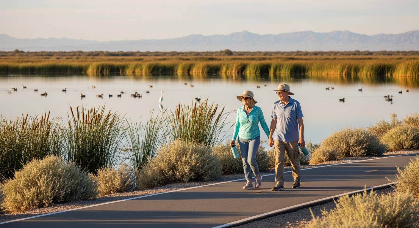 Senior couple walking on a paved nature trail in Las Vegas - best walking trails for seniors over 60