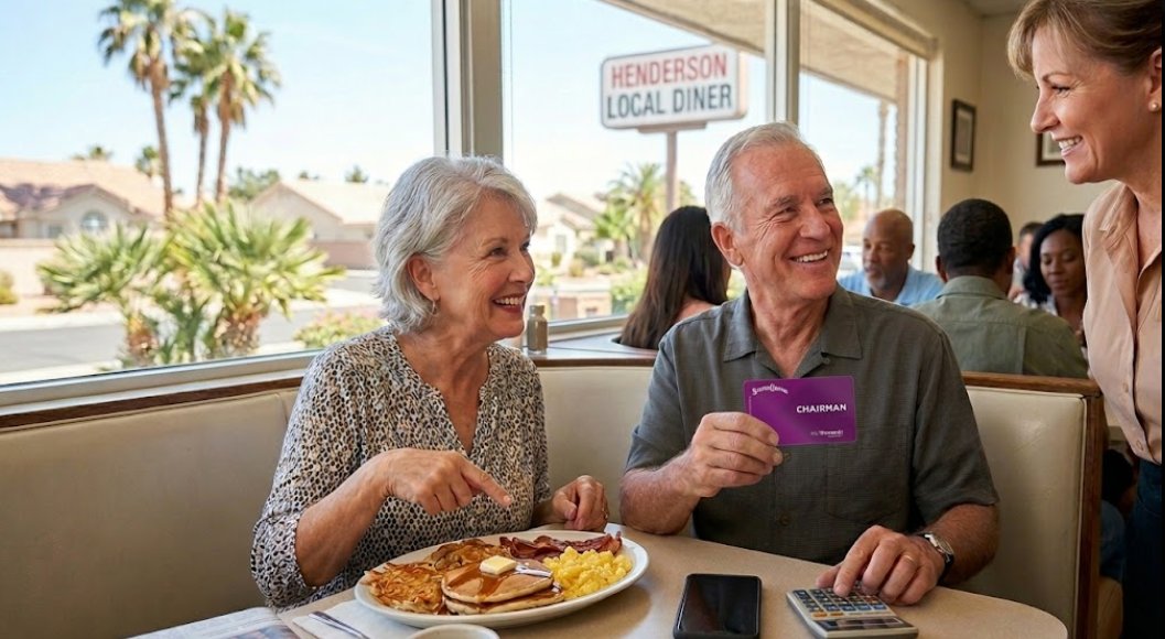 A happy senior couple at a wooden desk with a large window, review retirement documents, and smile.