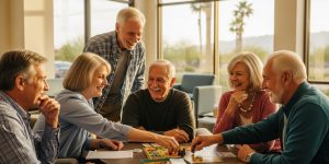 A group of active seniors in their 60s playing a board game and socializing at a sunlit Las Vegas community center, engaged in activities that support brain health and cognitive wellness for seniors over 60 living in Southern Nevada.