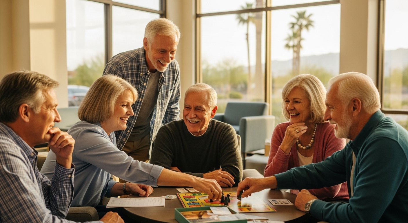 A group of active seniors in their 60s playing a board game and socializing at a sunlit Las Vegas community center, engaged in activities that support brain health and cognitive wellness for seniors over 60 living in Southern Nevada.