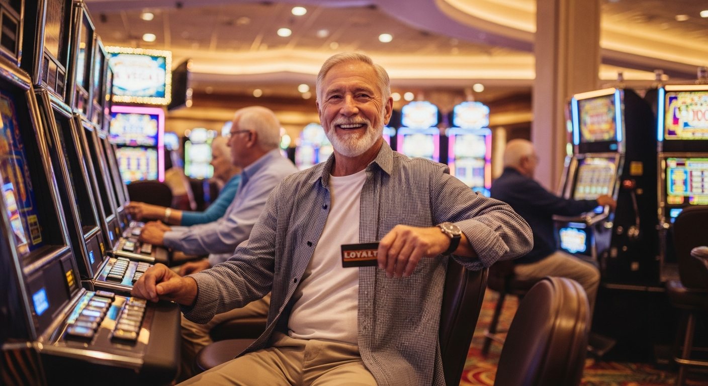 A relaxed senior man enjoying casino senior promotions at a Las Vegas locals casino, using his loyalty card at a slot machine surrounded by other retirees