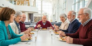 Seniors enjoying a free congregate meal together at a Las Vegas community dining program, sitting at tables with warm food, representing the free congregate meal programs for seniors in Las Vegas available to residents over 60.