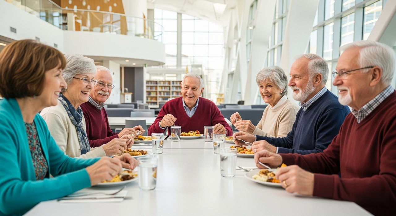 Seniors enjoying a free congregate meal together at a Las Vegas community dining program, sitting at tables with warm food, representing the free congregate meal programs for seniors in Las Vegas available to residents over 60.