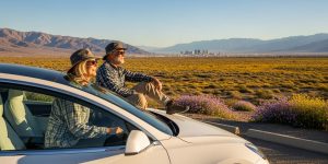 Senior couple in their 60s enjoying a Death Valley day trip from Las Vegas during spring 2026 wildflower superbloom, sitting at an overlook with golden and purple wildflowers blanketing the desert floor, representing the ideal timing and accessible day trip experience for Las Vegas seniors.