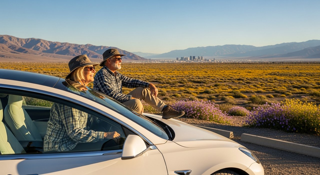 Senior couple in their 60s enjoying a Death Valley day trip from Las Vegas during spring 2026 wildflower superbloom, sitting at an overlook with golden and purple wildflowers blanketing the desert floor, representing the ideal timing and accessible day trip experience for Las Vegas seniors.