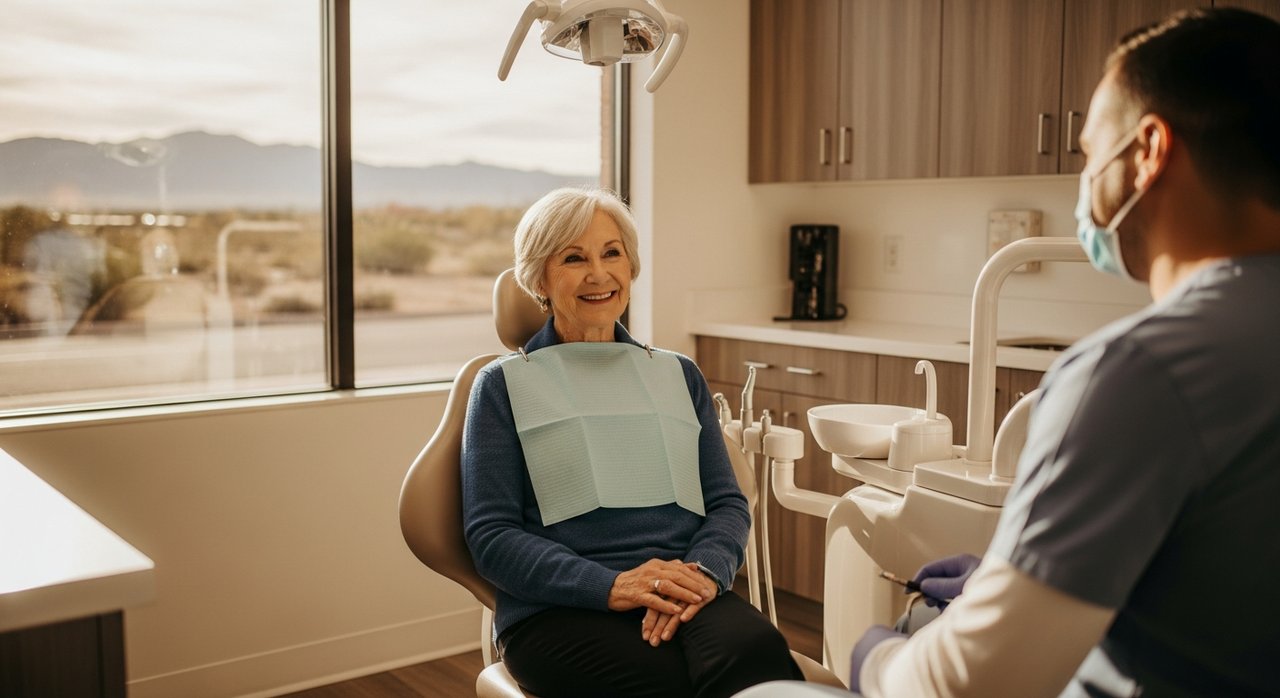 A senior woman in her 60s receiving a dental consultation in a modern Las Vegas dental office, smiling as her dentist explains dental care seniors Las Vegas Nevada options available through Medicare Advantage plans in 2026.
